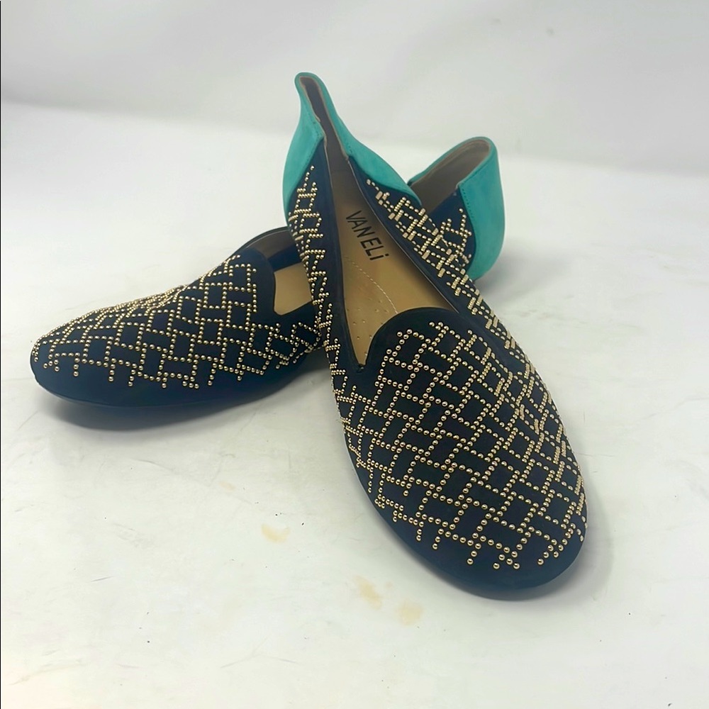 Vaneli Black Mint Gold Studded Loafers Size 9.5 Narrow
